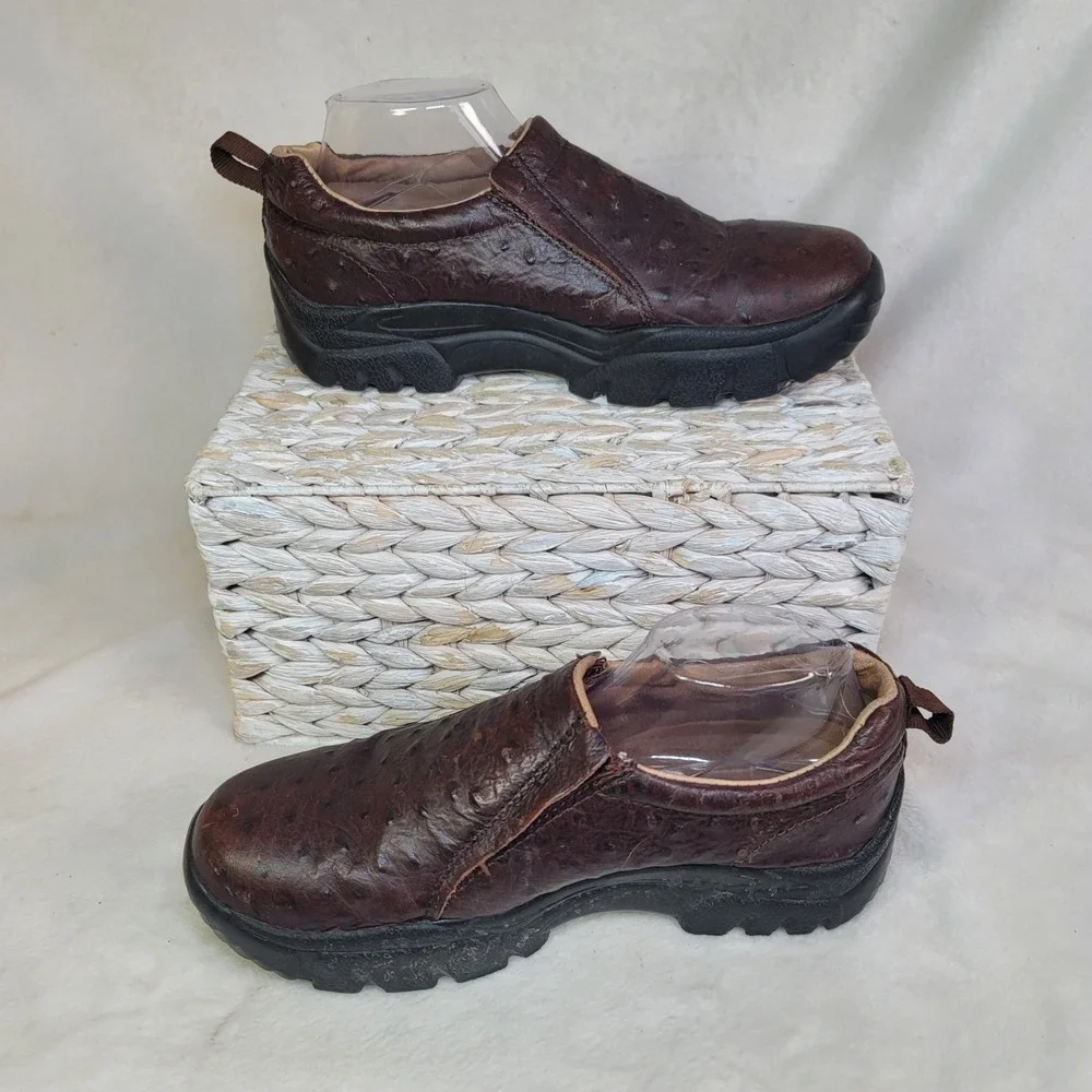 Roper Ostrich Leather Slip On Shoes‎ Brown Comfort Size 9 Earthy Business Casual
